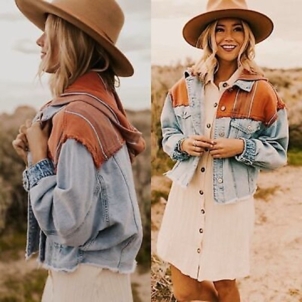 Free People Two-Tone Light Blue and Rust Denim Jacket